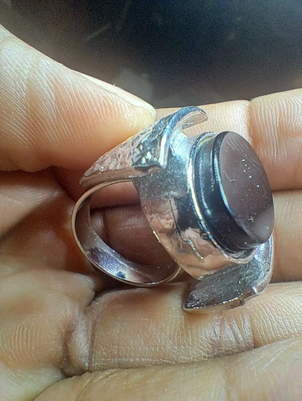Vintage Silver Tone Chunky Black Onyx Look Statement Ring - Adjustable